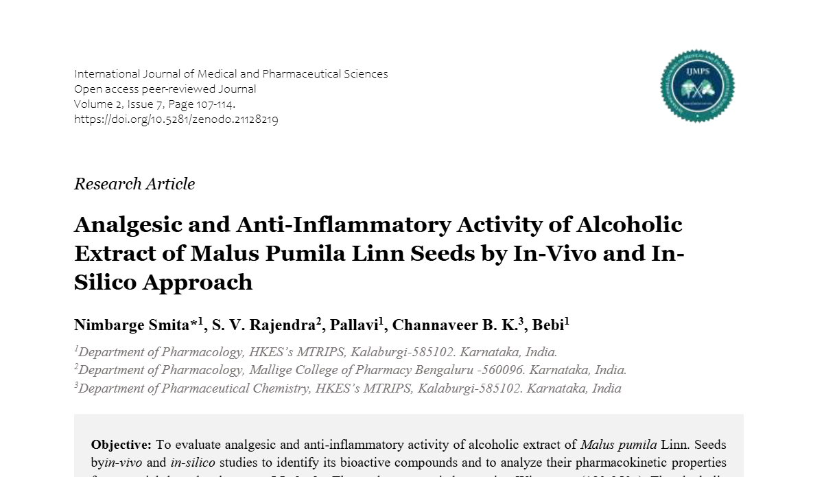 Analgesic and Anti-Inflammatory Activity of Alcoholic Extract of Malus Pumila Linn Seeds by In-Vivo and In-Silico Approach