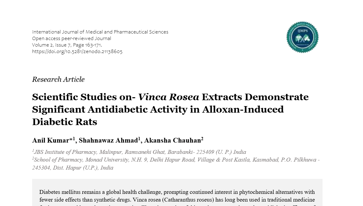 Scientific Studies on- Vinca Rosea Extracts Demonstrate Significant Antidiabetic Activity in Alloxan-Induced Diabetic Rats