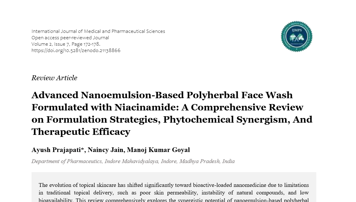 Advanced Nanoemulsion-Based Polyherbal Face Wash Formulated with Niacinamide: A Comprehensive Review on Formulation Strategies, Phytochemical Synergism, And Therapeutic Efficacy