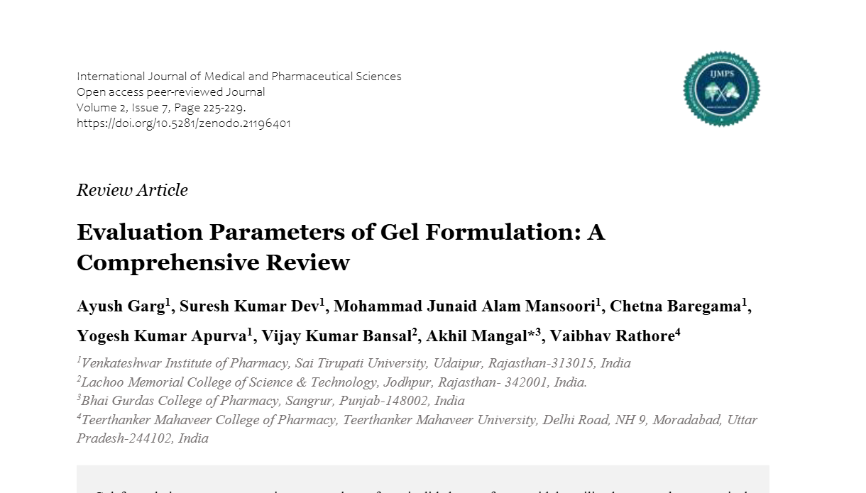 Evaluation Parameters of Gel Formulation: A Comprehensive Review