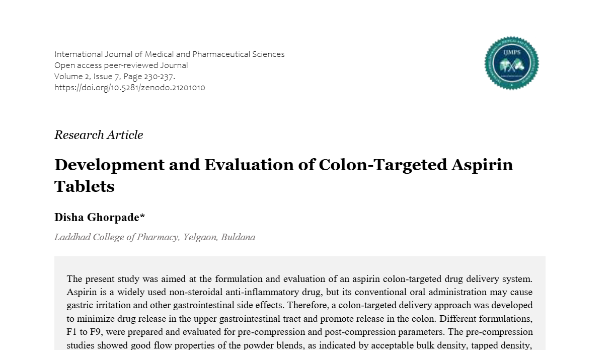 Development and Evaluation of Colon-Targeted Aspirin Tablets