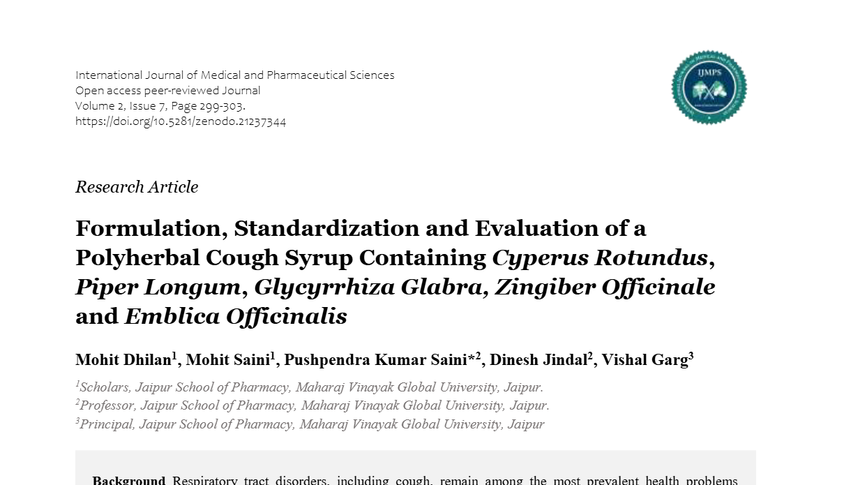 Formulation, Standardization and Evaluation of a Polyherbal Cough Syrup Containing Cyperus Rotundus, Piper Longum, Glycyrrhiza Glabra, Zingiber Officinale and Emblica Officinalis