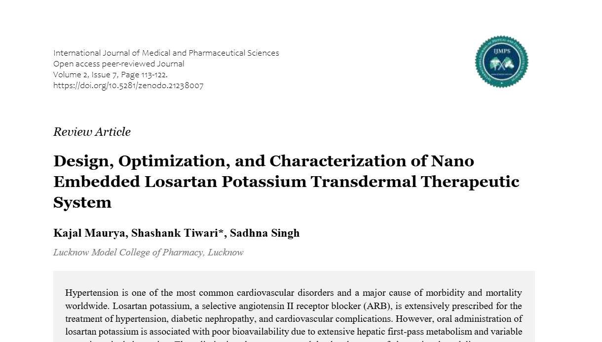 Design, Optimization, and Characterization of Nano Embedded Losartan Potassium Transdermal Therapeutic System