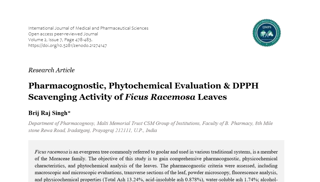 Pharmacognostic, Phytochemical Evaluation & DPPH Scavenging Activity of Ficus Racemosa Leaves