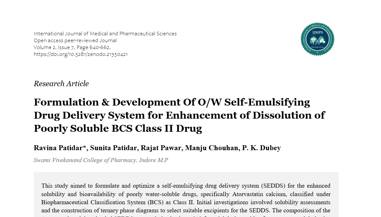 Formulation & Development Of O/W Self-Emulsifying Drug Delivery System for Enhancement of Dissolution of Poorly Soluble BCS Class II Drug