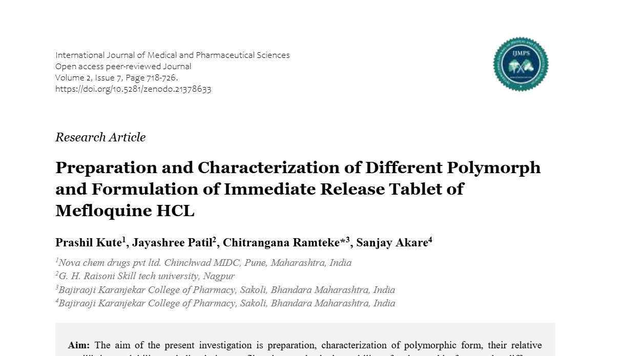 Preparation and Characterization of Different Polymorph and Formulation of Immediate Release Tablet of Mefloquine HCL