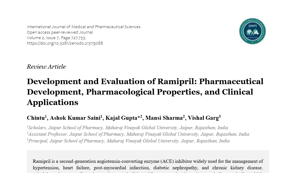 Development and Evaluation of Ramipril: Pharmaceutical Development, Pharmacological Properties, and Clinical Applications