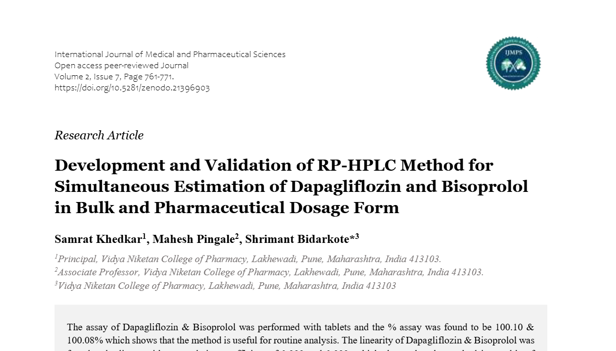 Development and Validation of RP-HPLC Method for Simultaneous Estimation of Dapagliflozin and Bisoprolol in Bulk and Pharmaceutical Dosage Form