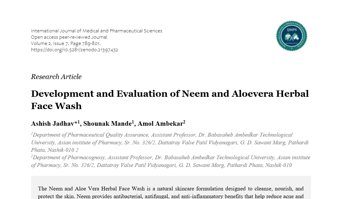 Development and Evaluation of Neem and Aloevera Herbal Face Wash