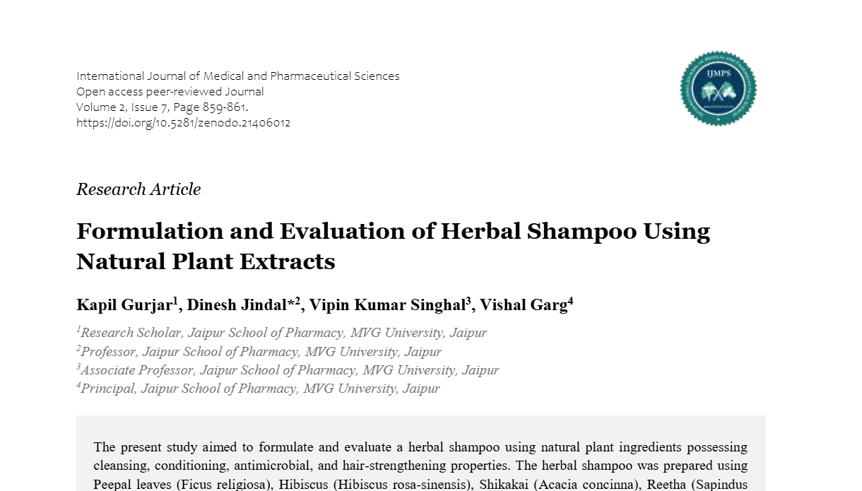 Formulation and Evaluation of Herbal Shampoo Using Natural Plant Extracts