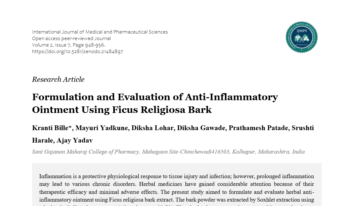 Formulation and Evaluation of Anti-Inflammatory Ointment Using Ficus Religiosa Bark