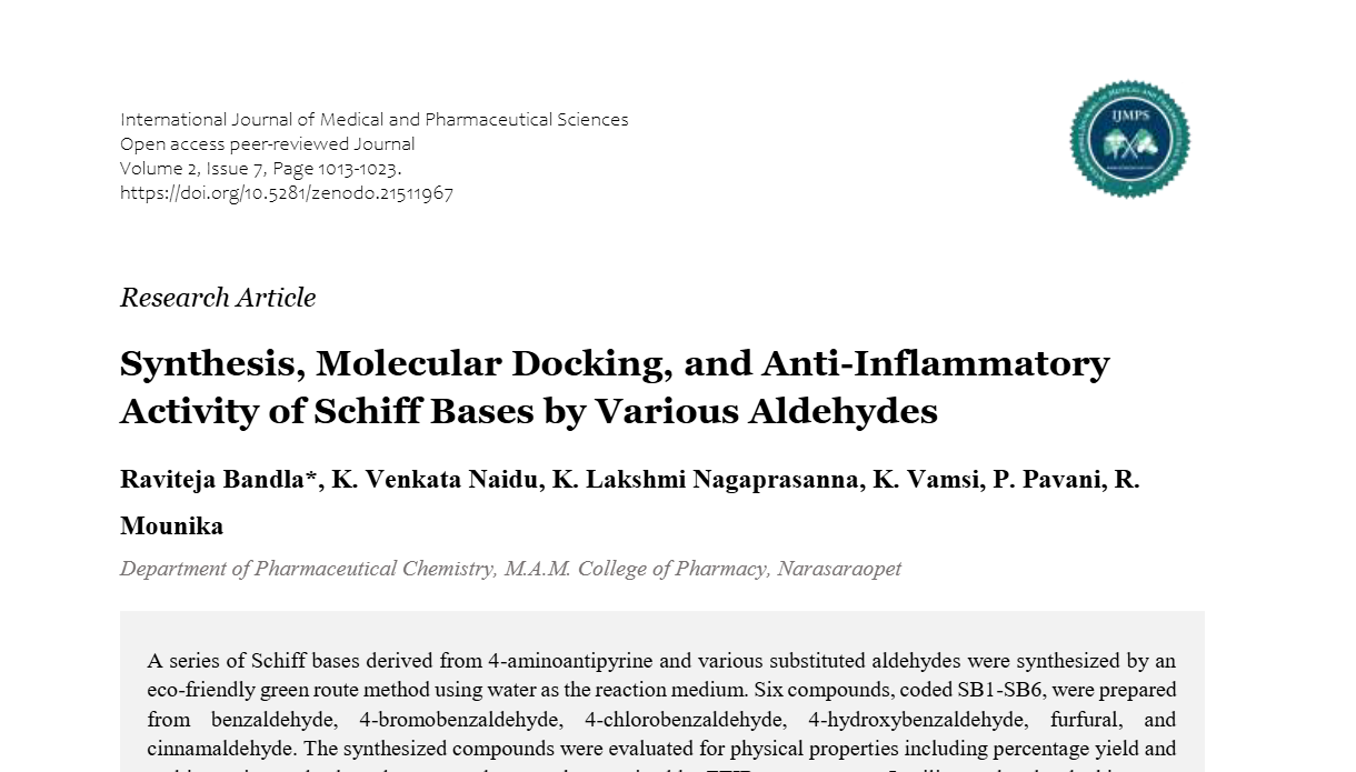 Synthesis, Molecular Docking, and Anti-Inflammatory Activity of Schiff Bases by Various Aldehydes