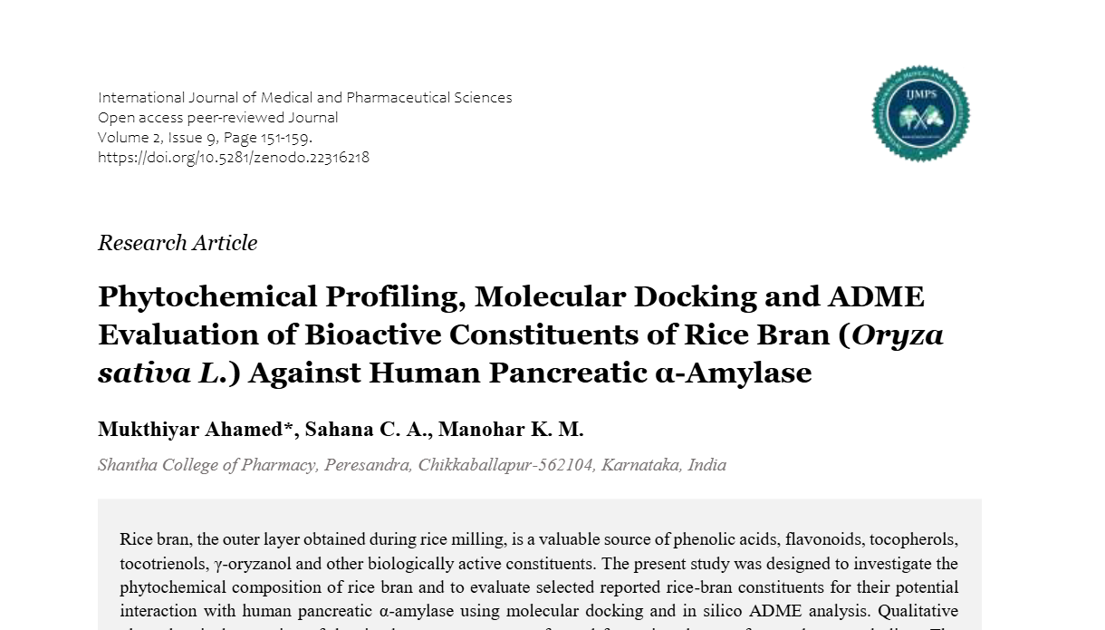 Phytochemical Profiling, Molecular Docking and ADME Evaluation of Bioactive Constituents of Rice Bran (Oryza sativa L.) Against Human Pancreatic α-Amylase
