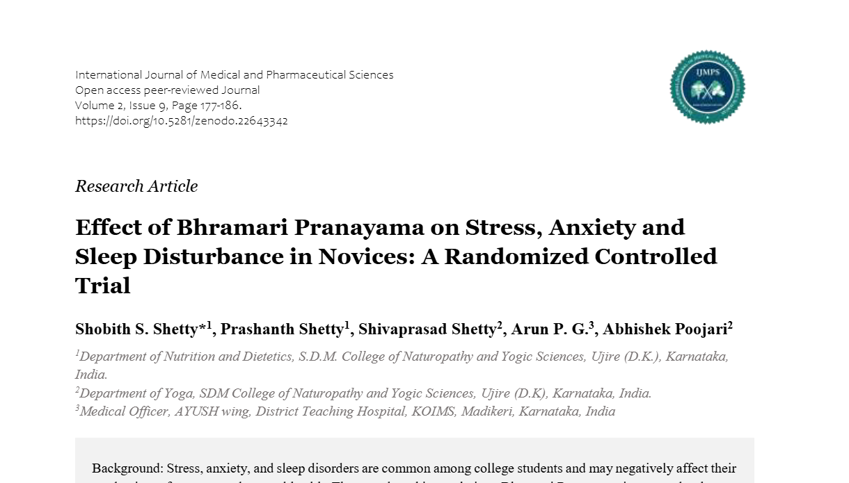 Effect of Bhramari Pranayama on Stress, Anxiety and Sleep Disturbance in Novices: A Randomized Controlled Trial