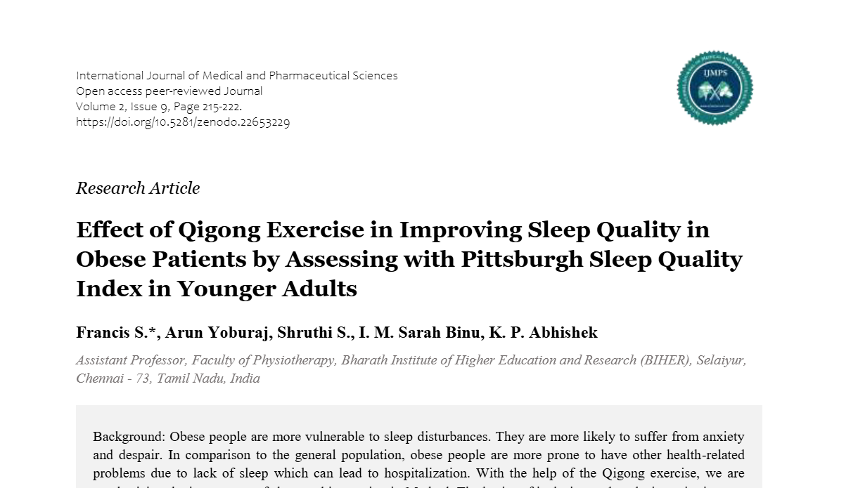 Effect of Qigong Exercise in Improving Sleep Quality in Obese Patients by Assessing with Pittsburgh Sleep Quality Index in Younger Adults
