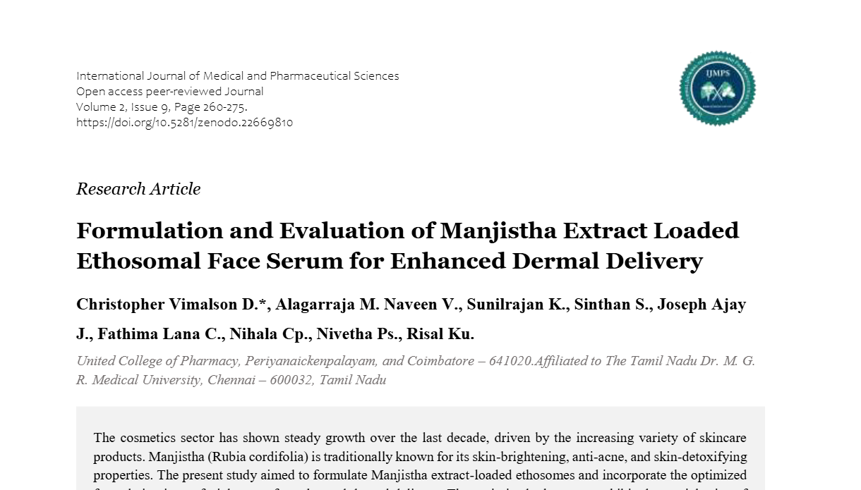 Formulation and Evaluation of Manjistha Extract Loaded Ethosomal Face Serum for Enhanced Dermal Delivery
