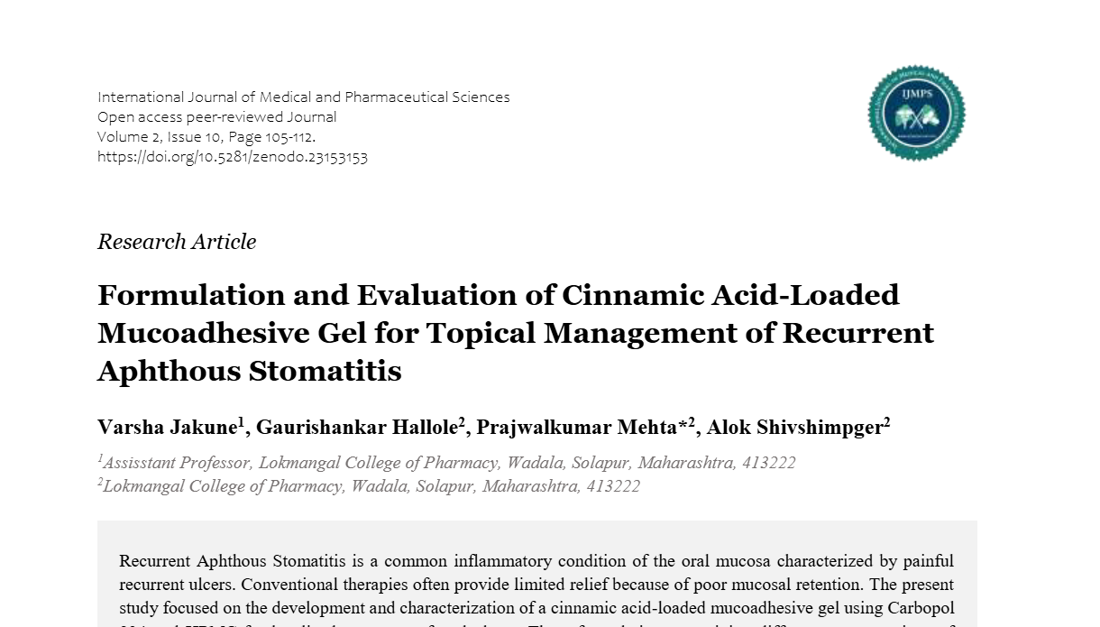 Formulation and Evaluation of Cinnamic Acid-Loaded Mucoadhesive Gel for Topical Management of Recurrent Aphthous Stomatitis