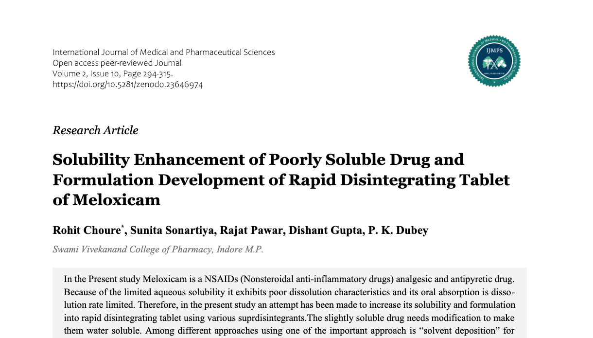 Solubility Enhancement of Poorly Soluble Drug and Formulation Development of Rapid Disintegrating Tablet of Meloxicam