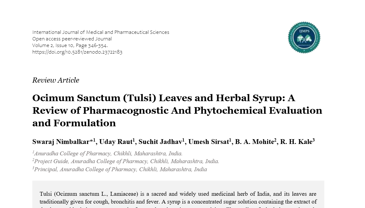 Ocimum Sanctum (Tulsi) Leaves and Herbal Syrup: A Review of Pharmacognostic And Phytochemical Evaluation and Formulation